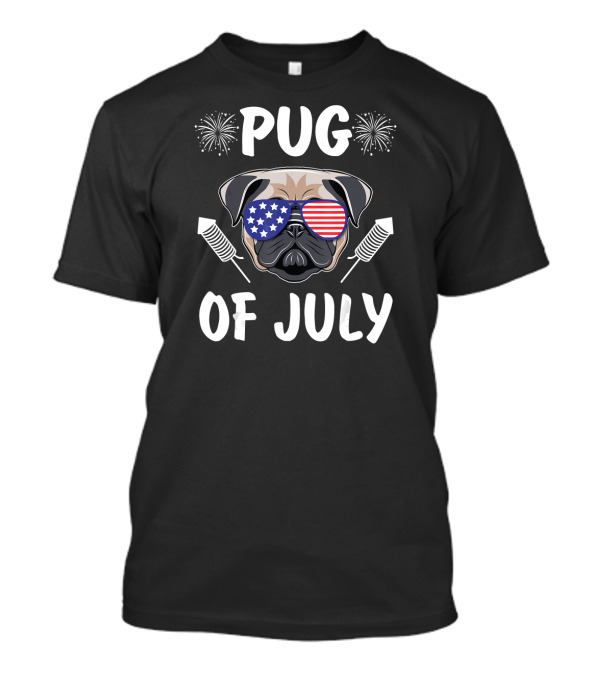 Pug Of July Cool Pug Face With US Flag Glass Firework Pug T-Shirt