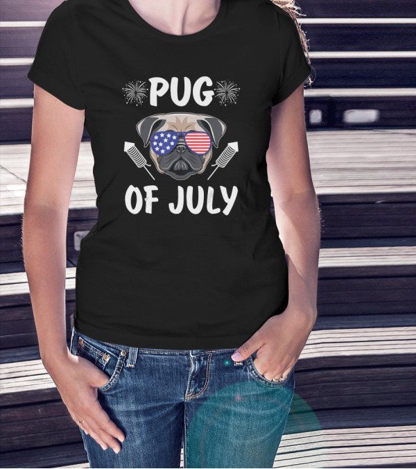 Pug Of July Cool Pug Face With US Flag Glass Firework Pug T-Shirt