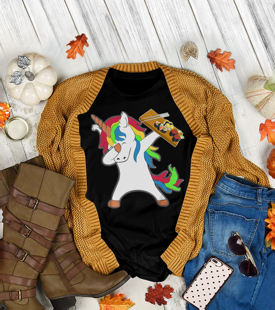 Dabbing Unicorn Sushi Chef with Rainbow Mane and Horse Features T-Shirt