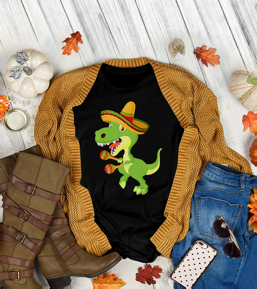Dinosaur Sombrero Cinco De Mayo Fiesta with Maracas and Mexican Hat T-Shirt