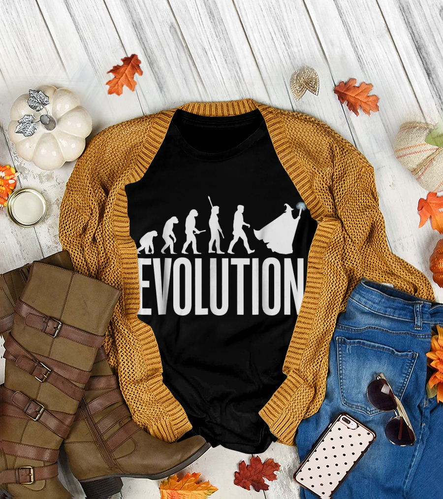 Evolution of a LARP Wizard with Magic Staff and Cloak T-Shirt