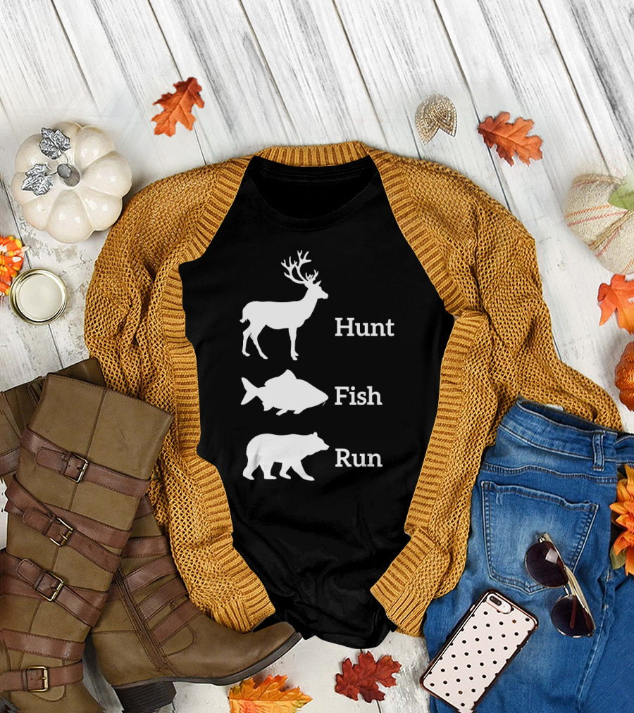 Funny Hunting Fishing Hunt Fish Run Bea Deer Bear Fish T-Shirt
