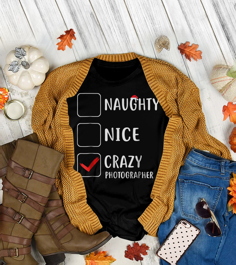 Naughty Nice Crazy Photographer Checked Christmas Hat T-Shirt