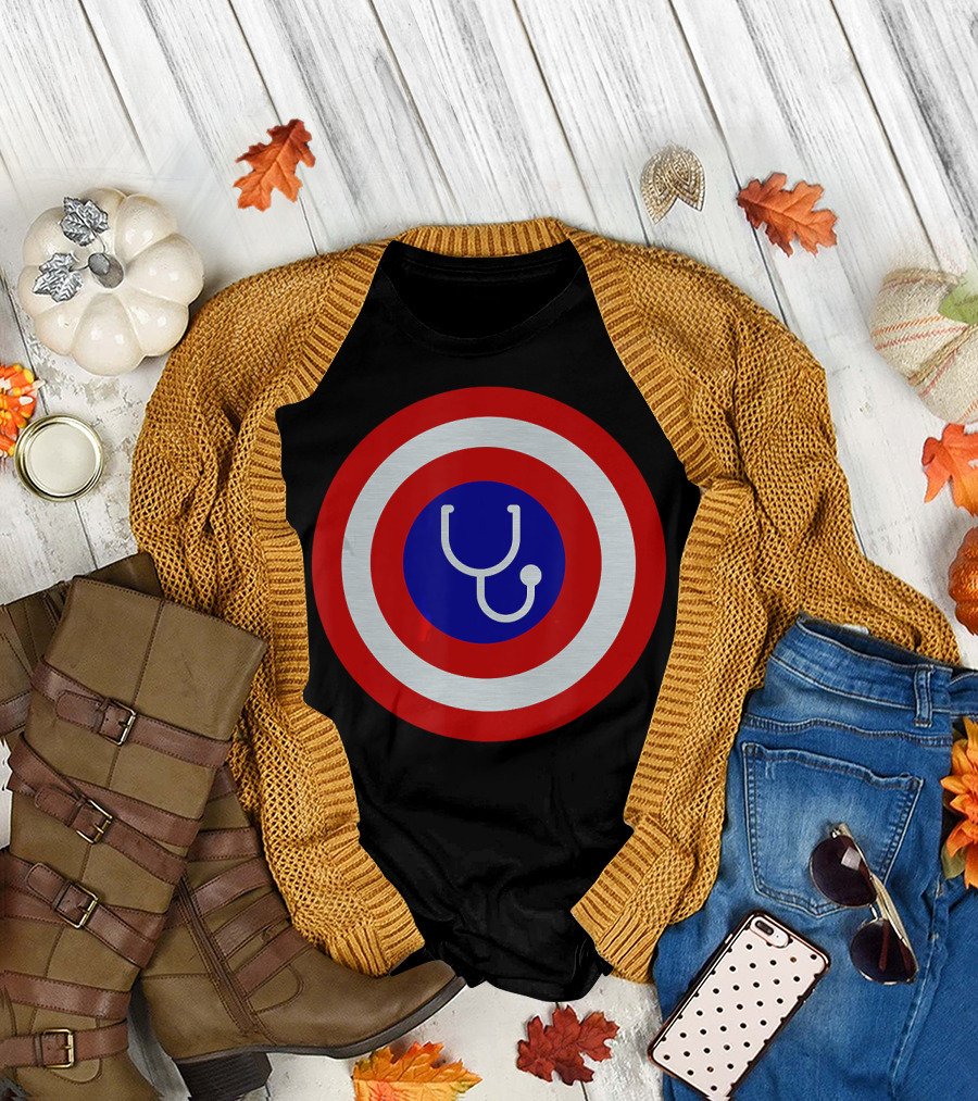 Funny Nurse Doctor are Super Heroes Shield Stethoscope T-Shirt