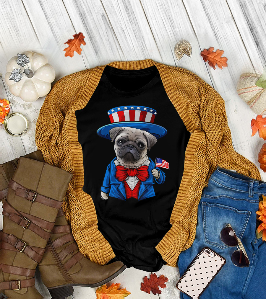 Pug Uncle Sam Patriotic American Flag July 4th Celebration Dog T-Shirt