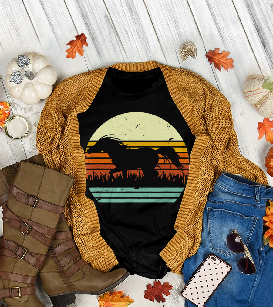 Galloping Horse Vintage Sunset Stripes T-Shirt