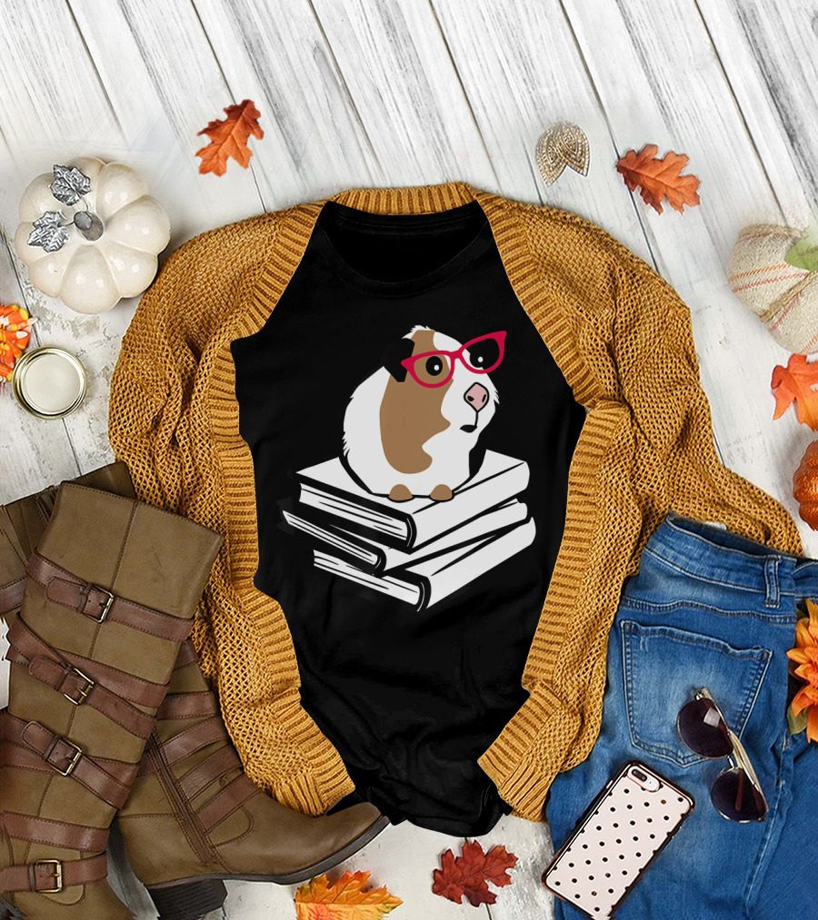 Guinea Pig with Red Glasses on Stacked Books for Nerdy Book Lovers T-Shirt