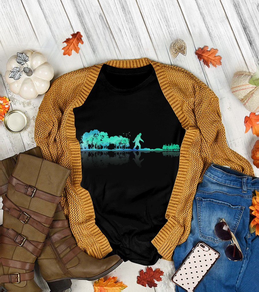 Bigfoot Guitar Lake Shadow Love Forest Scene T-Shirt