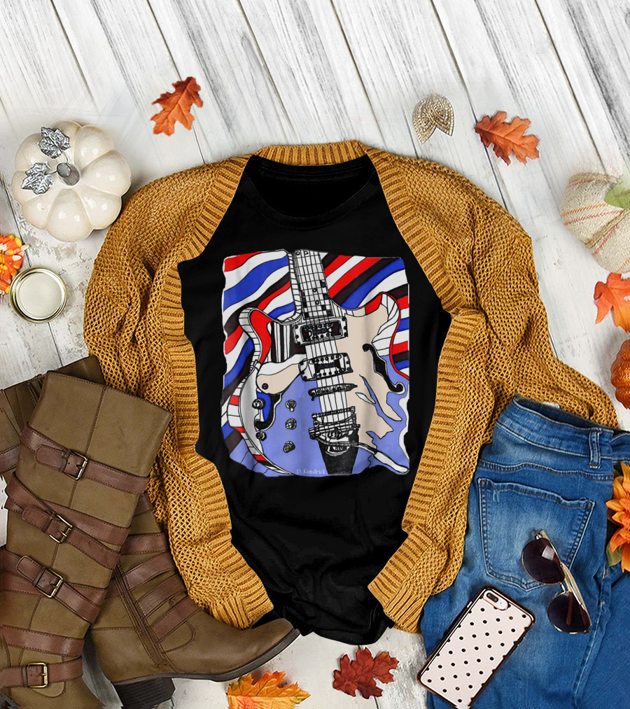 Guitar USA Flag Acoustic Music American Electric Stripes T-Shirt