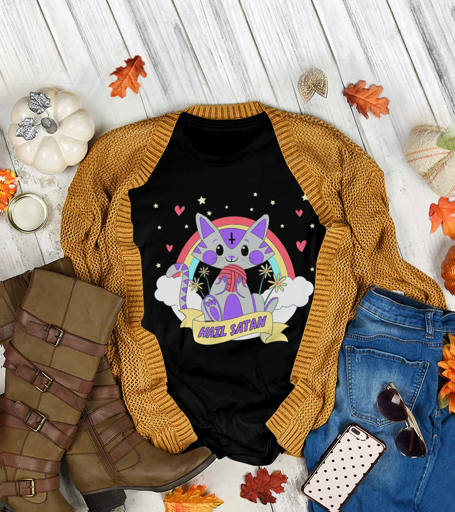 Hail Satan Cat Rainbow Stars Hearts Clouds T-Shirt