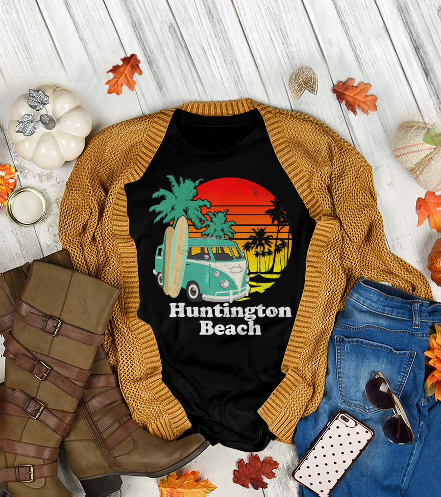 Huntington Beach Retro California Sunset Surf Van with Palm Trees T-Shirt