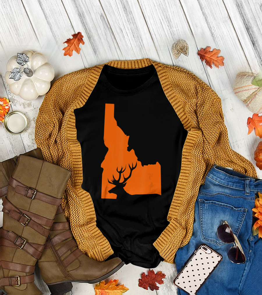 Idaho Deer Hunt Hunting Hunter Silhouette Orange State Map T-Shirt