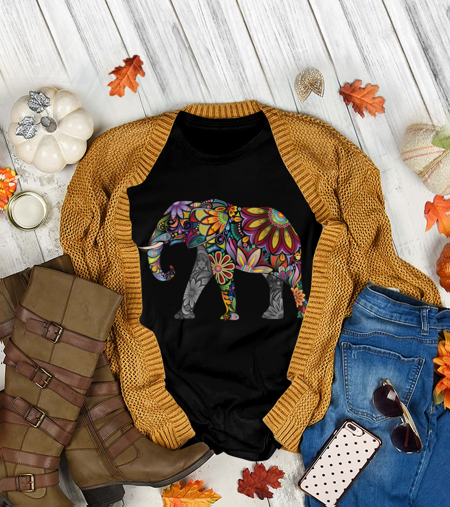 Elephant Flower Pattern Illustrated Coloring Book T-Shirt