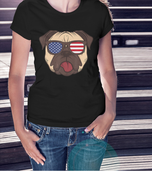 July 4th Pug With American Flag Sunglasses T-Shirt