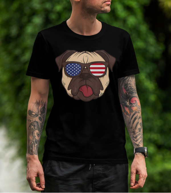July 4th Pug With American Flag Sunglasses T-Shirt