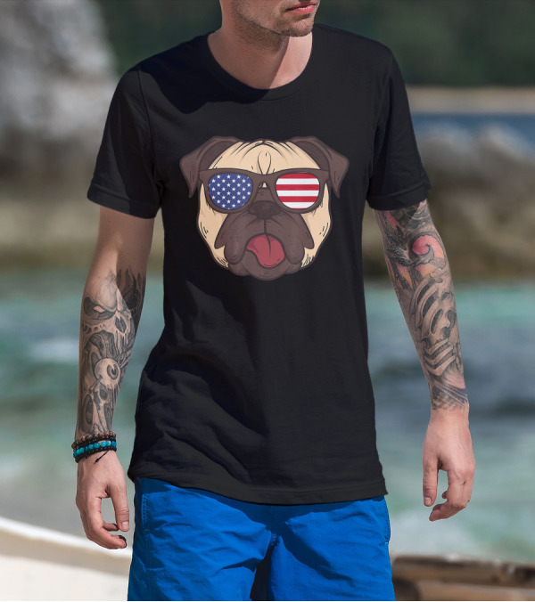 July 4th Pug With American Flag Sunglasses T-Shirt