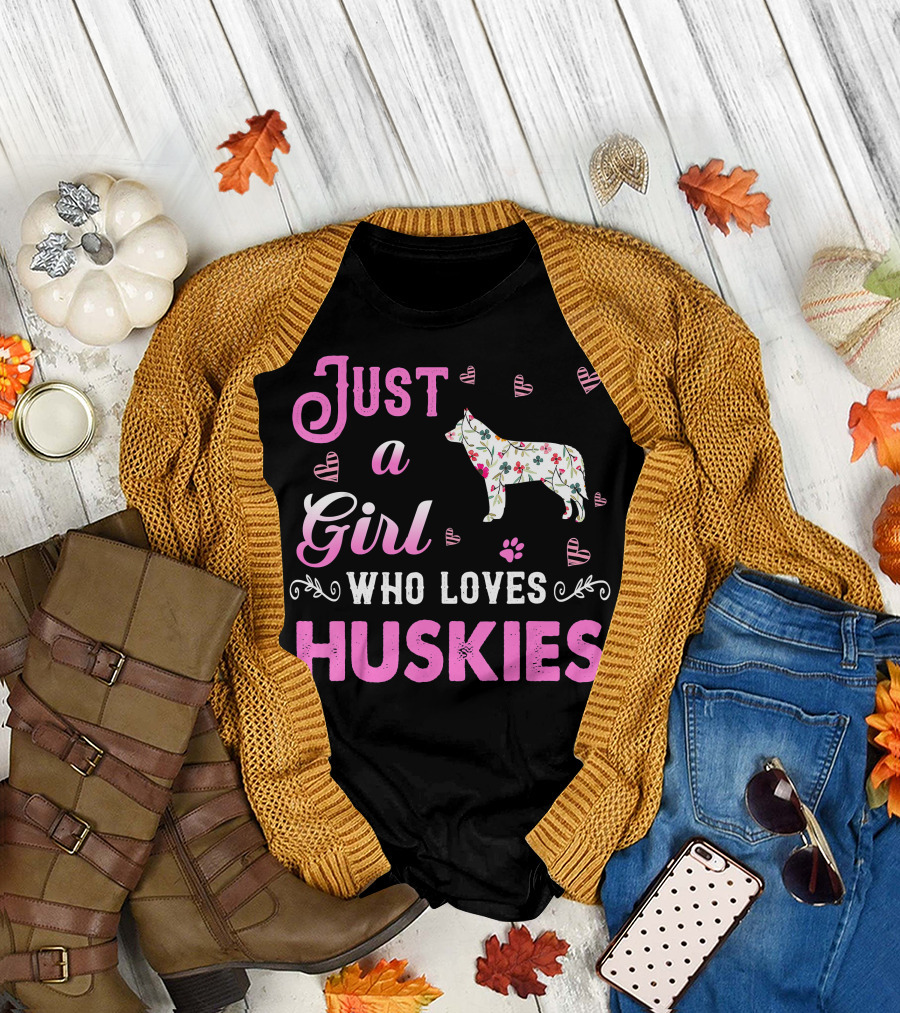 Just A Girl Who Loves Huskies with Floral Pattern and Heart Accents T-Shirt