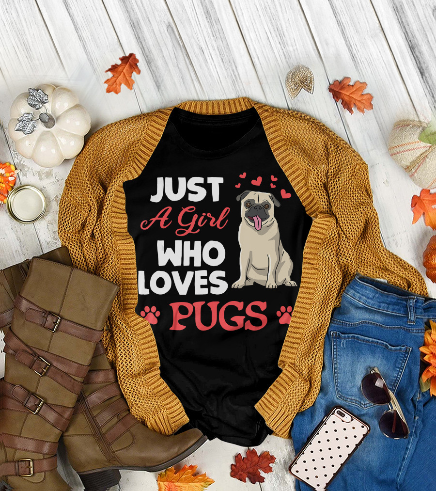 Just A Girl Who Loves Pugs Cute Hearts and Paw Prints T-Shirt