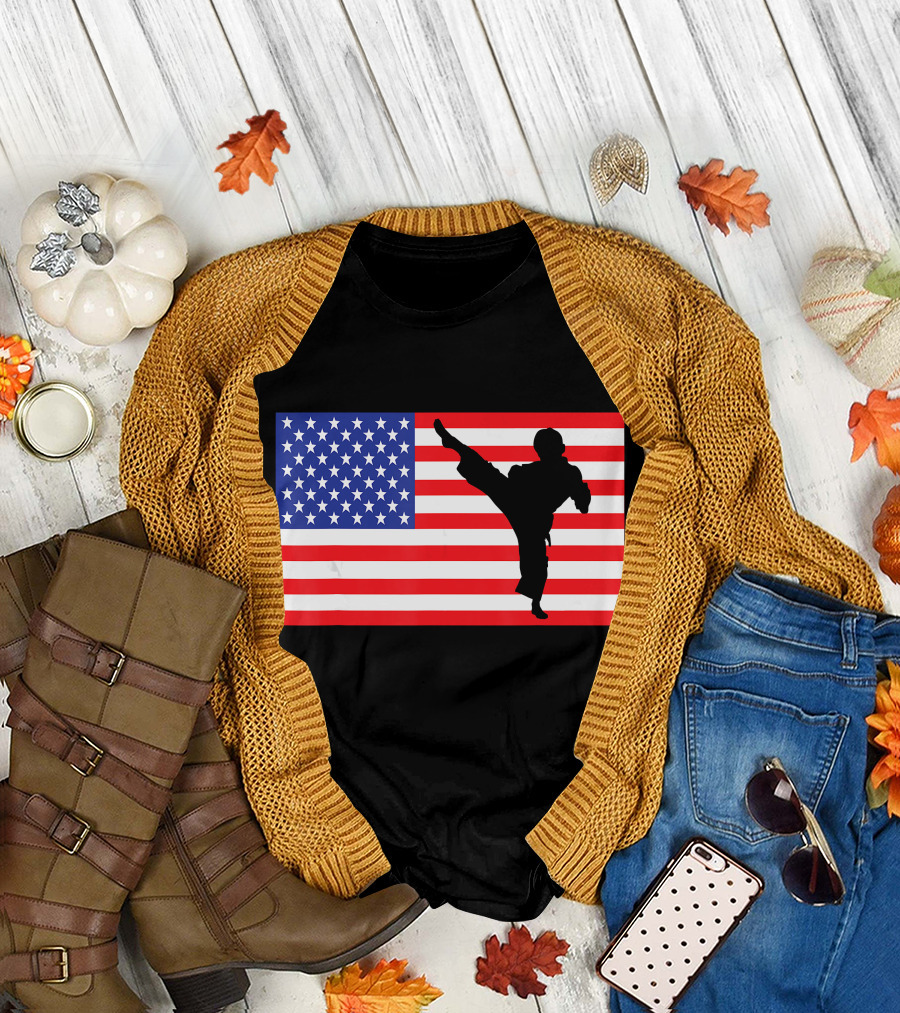Karate USA American Flag Martial Arts Kicking Fighter T-Shirt