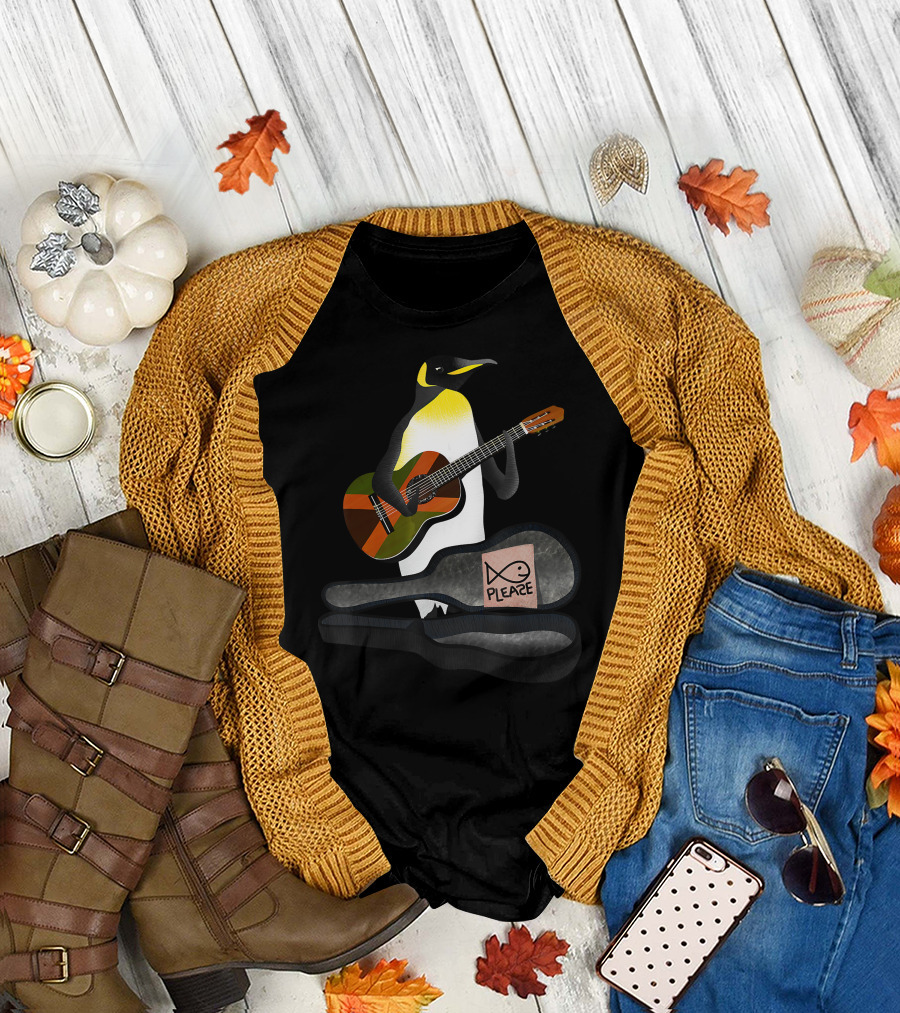King Penguin Playing Guitar with Case and Fish Sign Pleaze T-Shirt