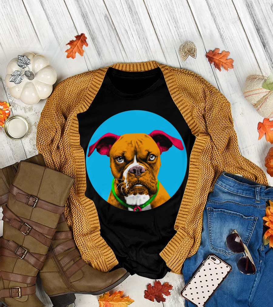 Boxer Dog with Red Ears in Blue Bubble Circle T-Shirt