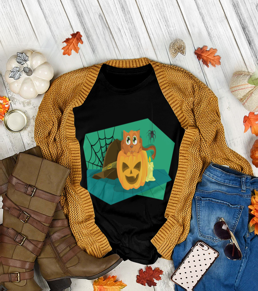 Cat Pumpkin Halloween Spider Kids Cartoon Comic Lantern Hat Candle T-Shirt