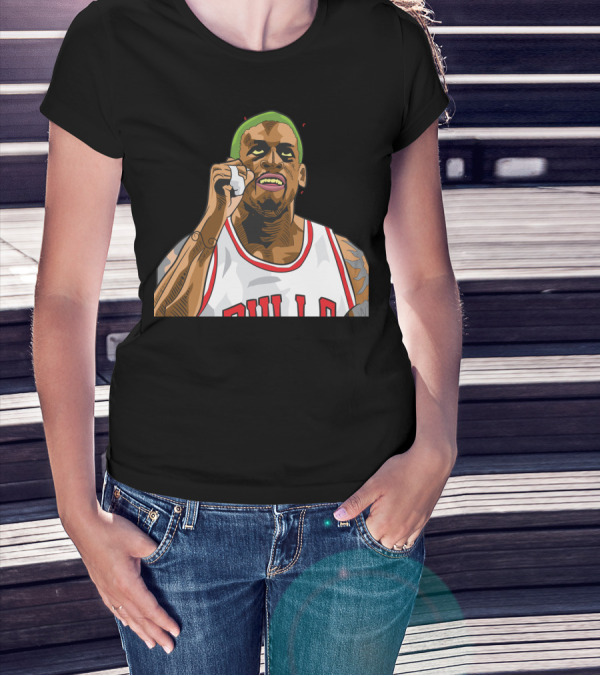 Mitchell And Ness Dennis Rodman Bulls Iconic Green Hair Basketball Legend T-Shirt