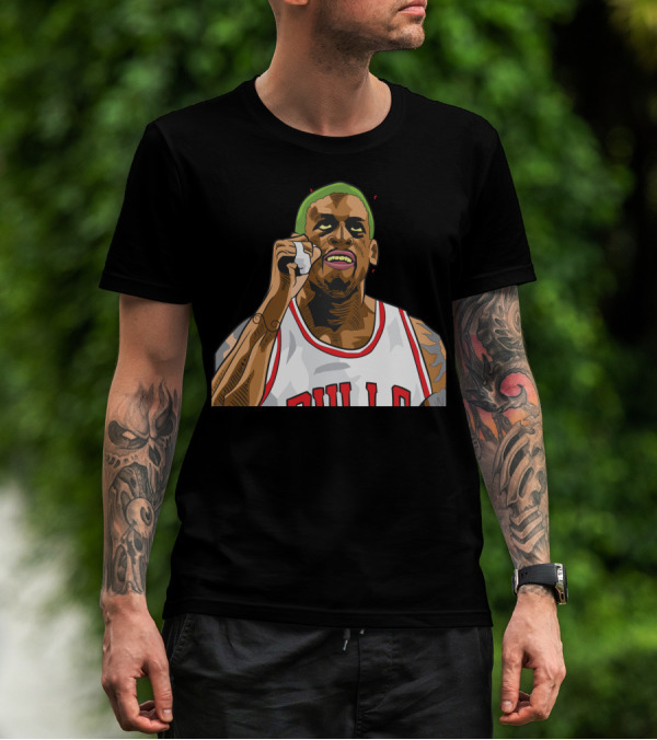 Mitchell And Ness Dennis Rodman Bulls Iconic Green Hair Basketball Legend T-Shirt
