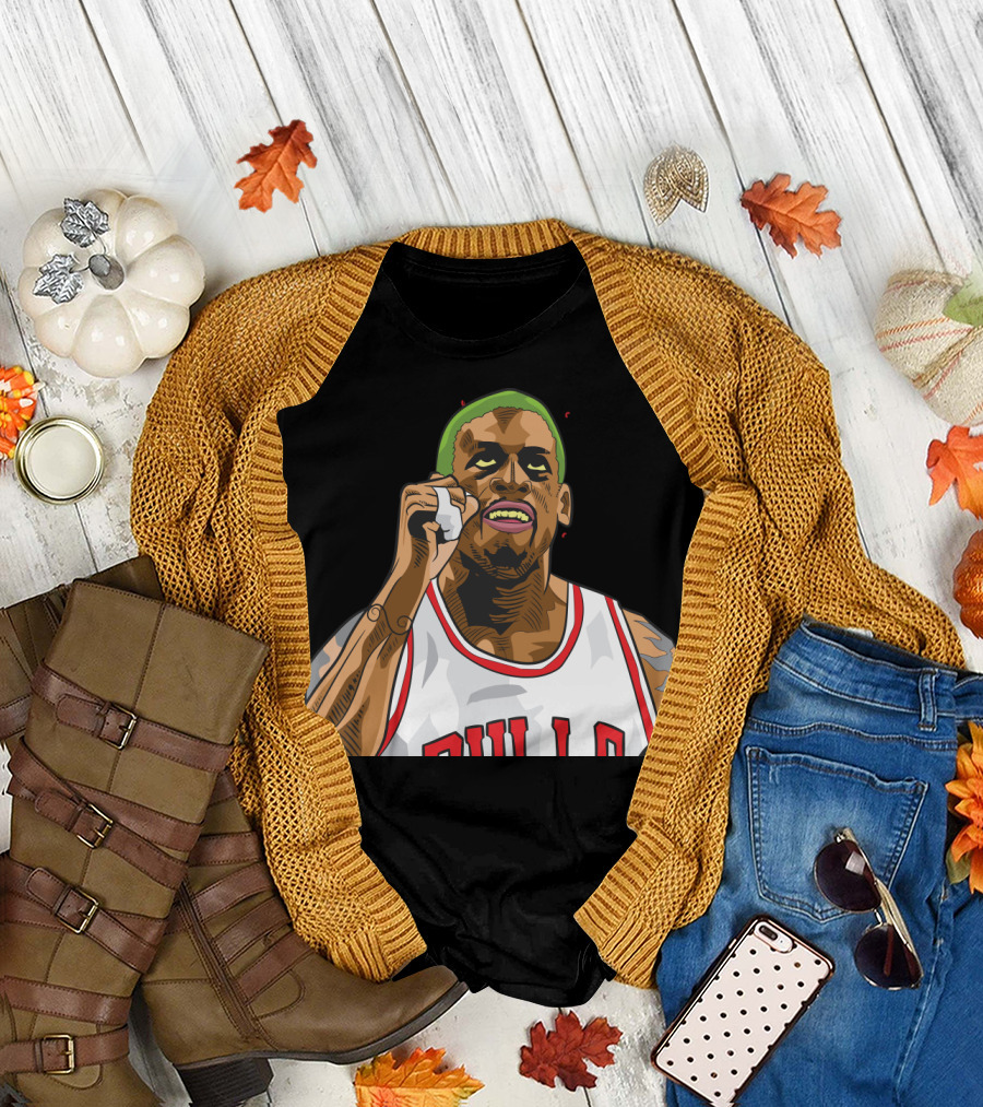 Mitchell and Ness Dennis Rodman Bulls Iconic Green Hair Basketball Legend T-Shirt