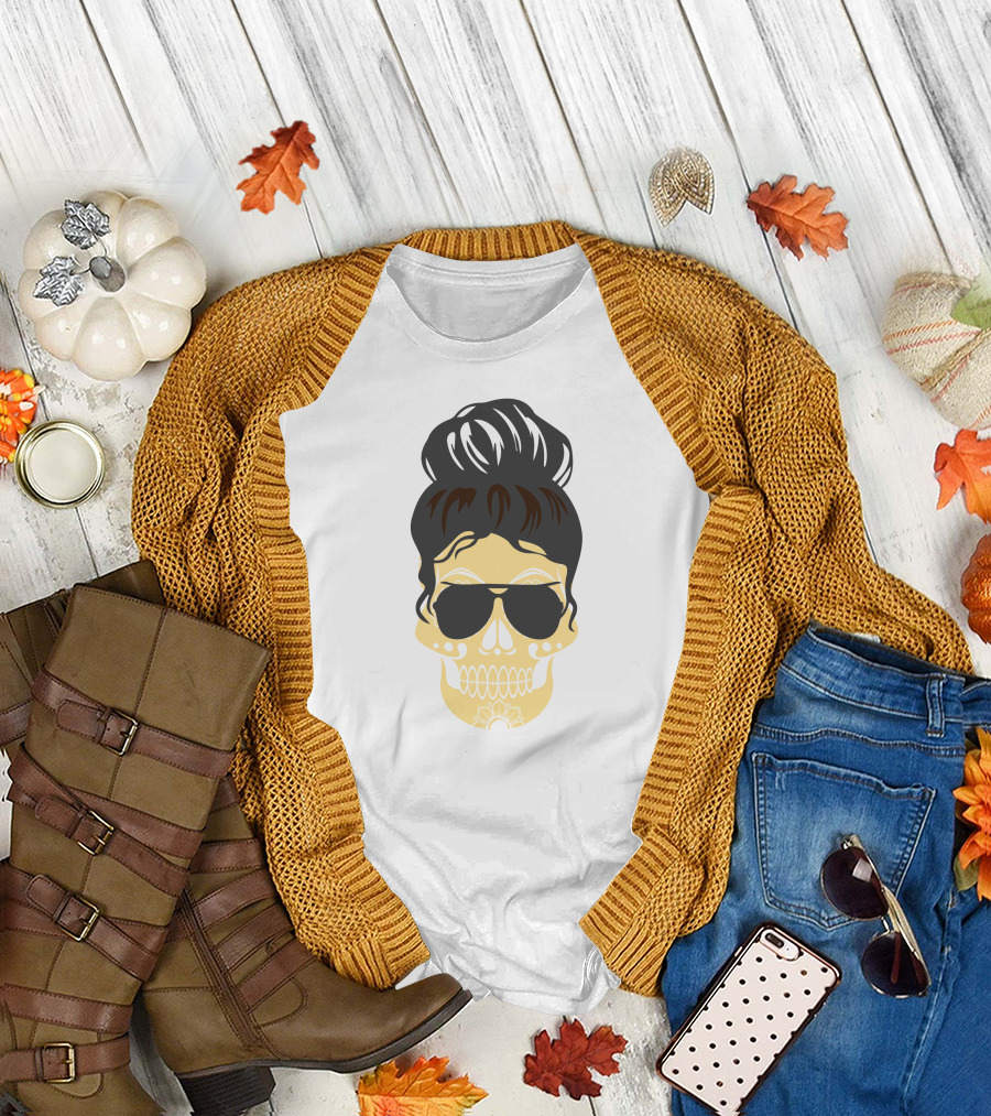 Pe Teacher Messy Bun Life Hair Glasses Phys Ed Skull T-Shirt
