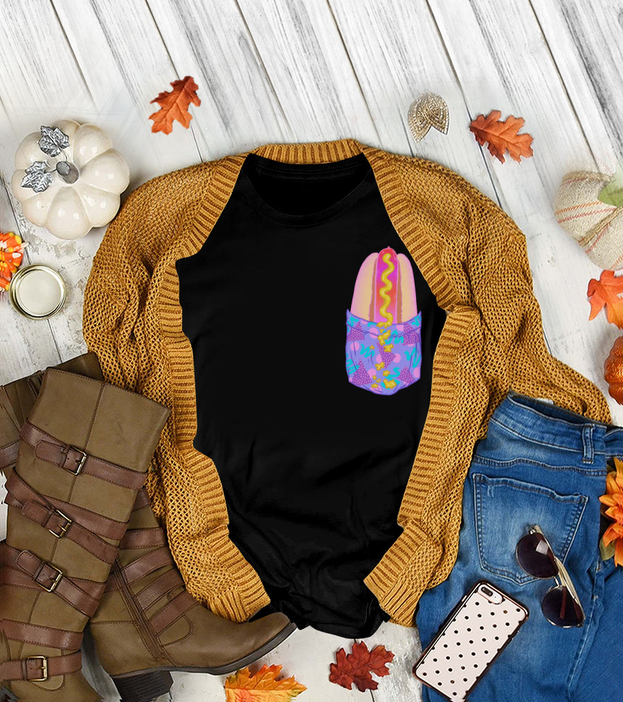 Pocket Hot Dog Retro Pattern Fun T-Shirt