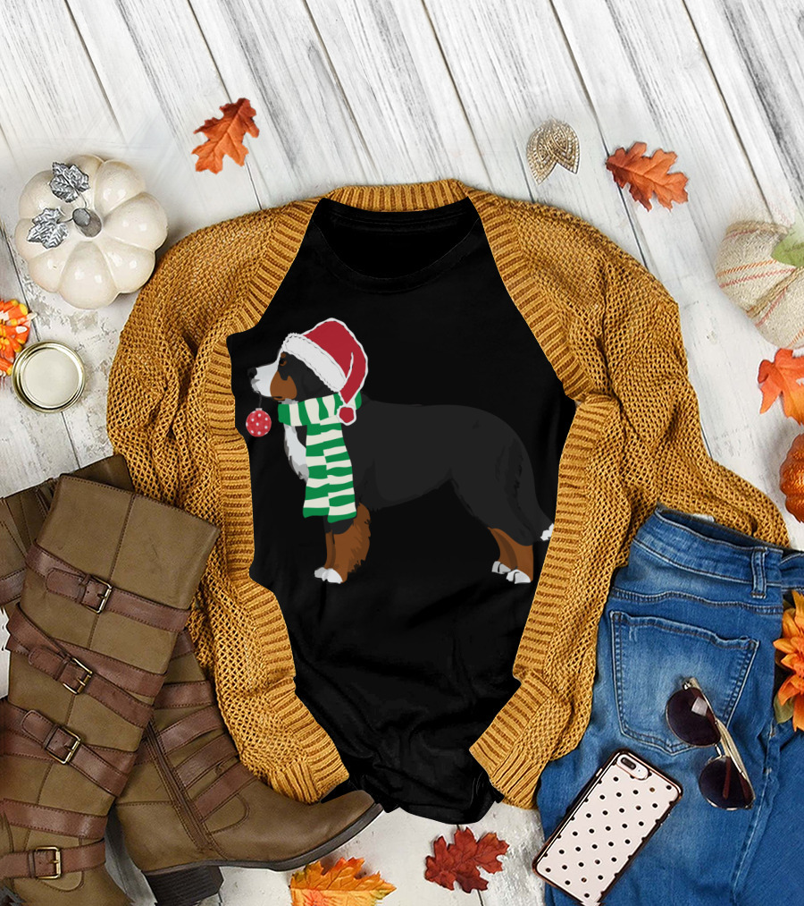Bernese Mountain Dog in Santa Hat and Scarf Holding Christmas T-Shirt
