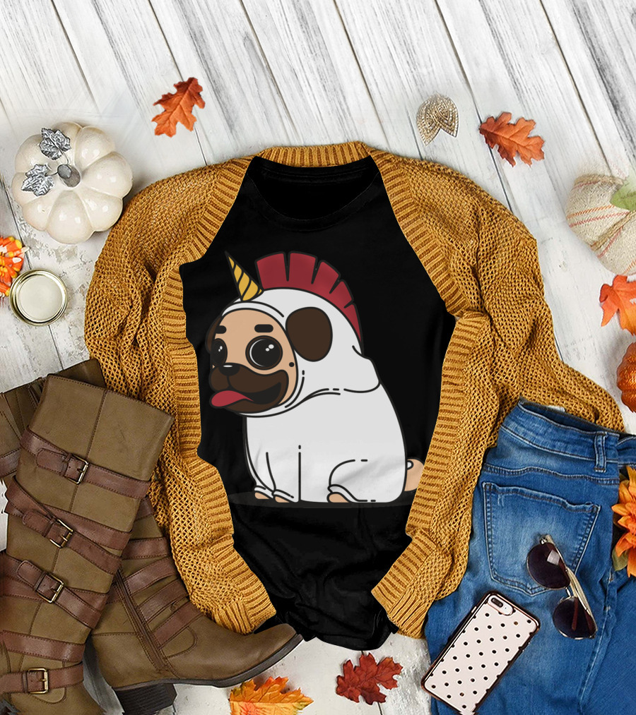 Cute Pug Dog Tandu Unicorn Costume with Red Mohawk T-Shirt