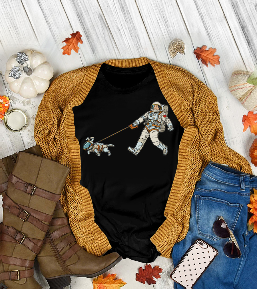 Astronaut Dog Leading Human in Space Adventure T-Shirt