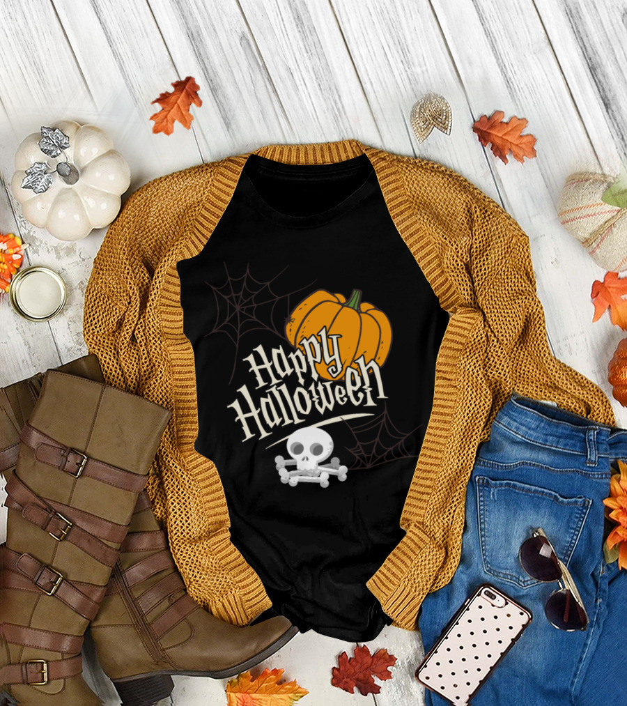 Happy Halloween Pumpkin Skeleton Spider Web Scary T-Shirt