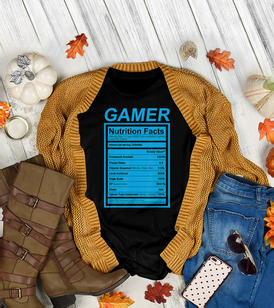 Gamer Nutrition Facts Blue Label XP Level Achieved Rage Quits Pizzas Eaten Gamer Fuel T-Shirt
