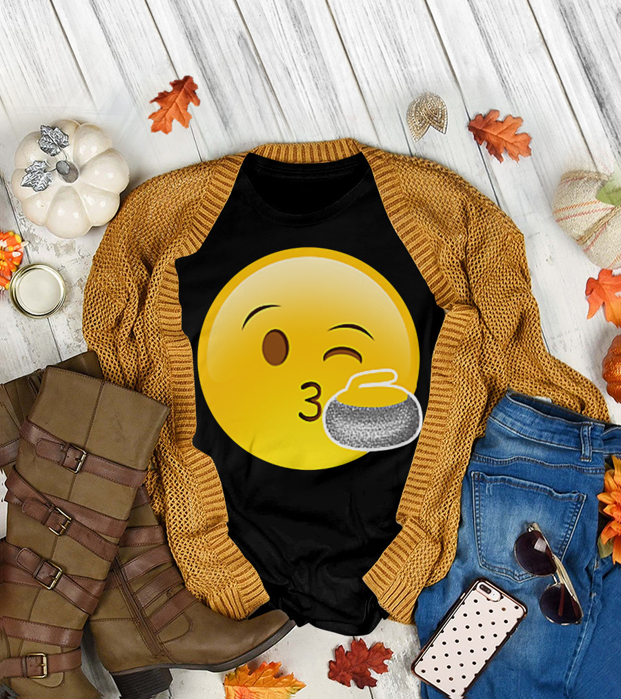 Kiss Winking Emoji Curling Stone Sport Player T-Shirt