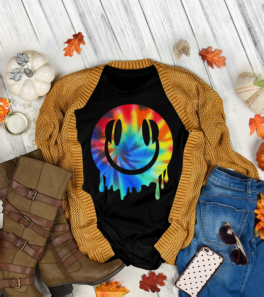 Melting Tie-Dye Smiley Face EDM Rave Festival Vibes T-Shirt