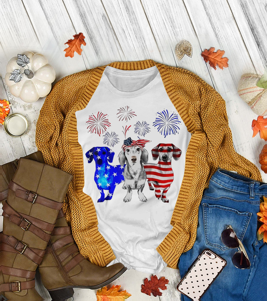 Red Blue White Dachshund Stars Stripes Fireworks 4th Of July T-Shirt