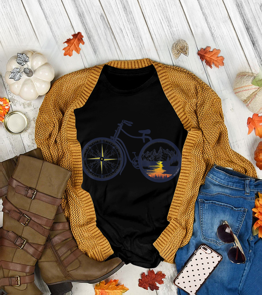 Retro Bicycle with Compass and Mountain Adventure Sunset T-Shirt