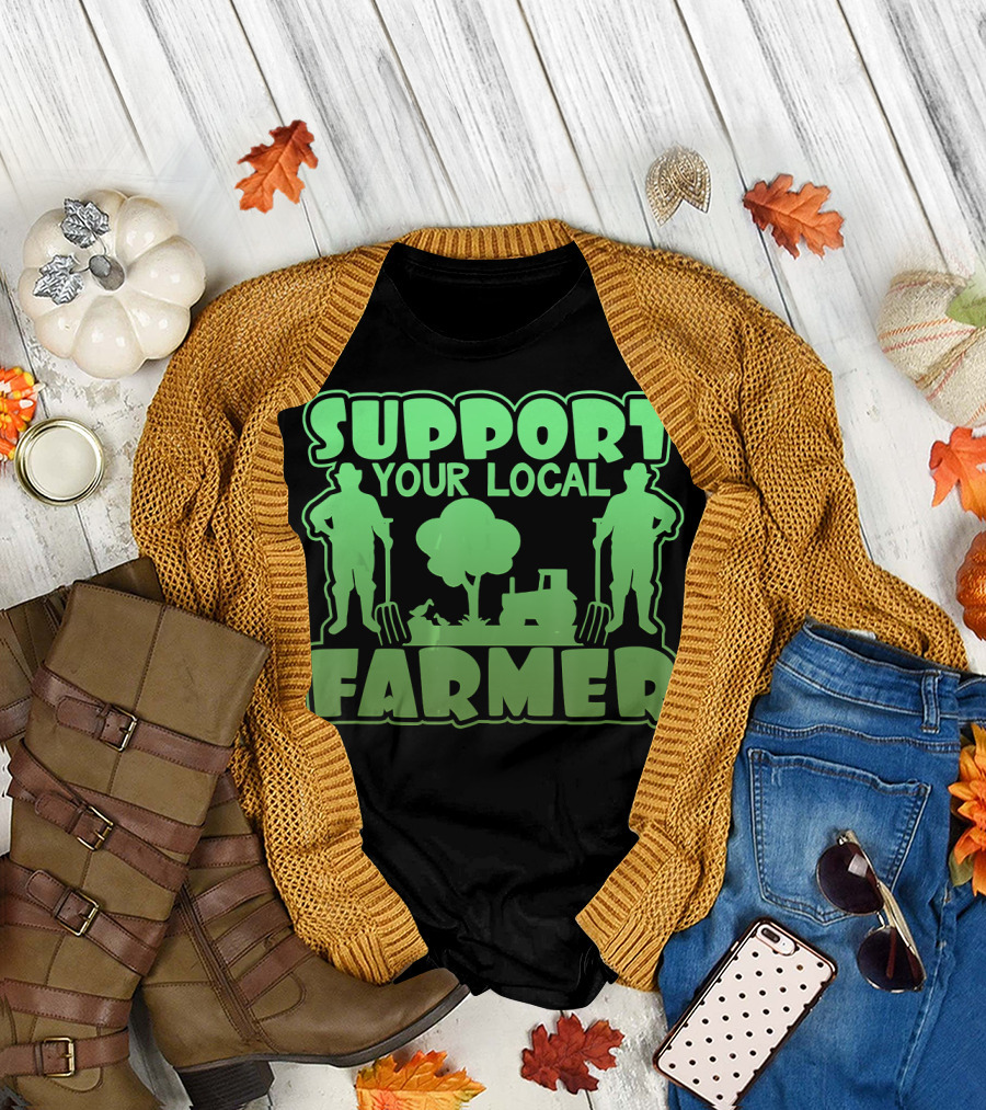 Support Your Local Farmer Tractor and Pitchfork Theme Novelty Farming T-Shirt