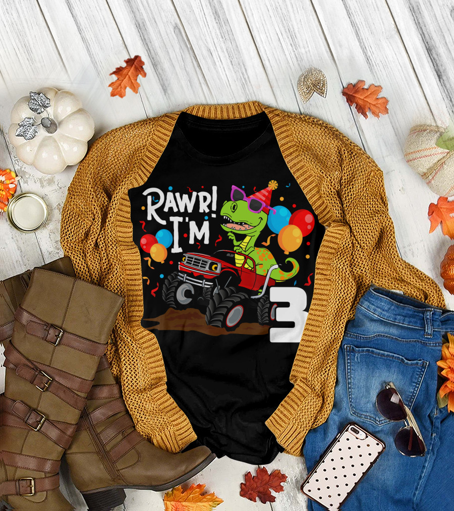 Rawr I'm 3 T Rex Dinosaur Monster Truck Birthday Party Balloons T-Shirt