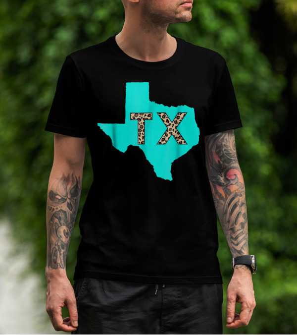 Texas Leopard Print TX Aqua State Outline T-Shirt