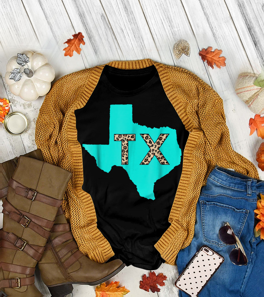 Texas Leopard Print TX Aqua State Outline T-Shirt