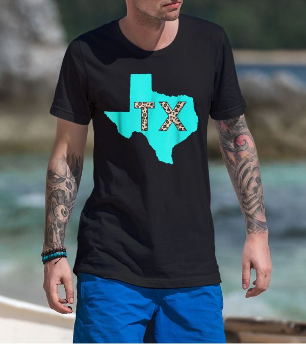 Texas Leopard Print TX Aqua State Outline T-Shirt