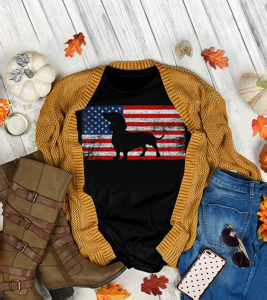 American Flag Dachshund Silhouette 4th of July T-Shirt