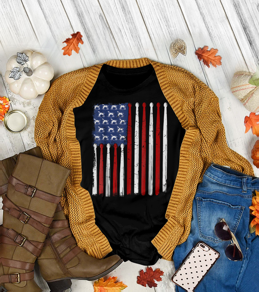 American Flag Drumsticks Vintage Drummer Patriotic USA Music T-Shirt