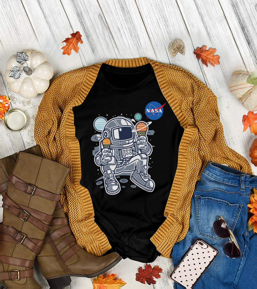 Astronaut with Planet Ice Cream Cones and NASA T-Shirt