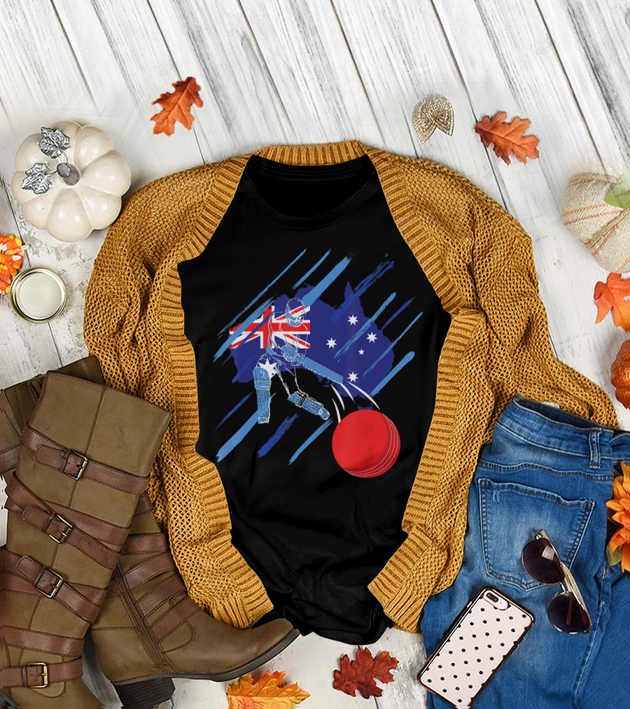 Australia Cricket Player with Flag and Ball T-Shirt