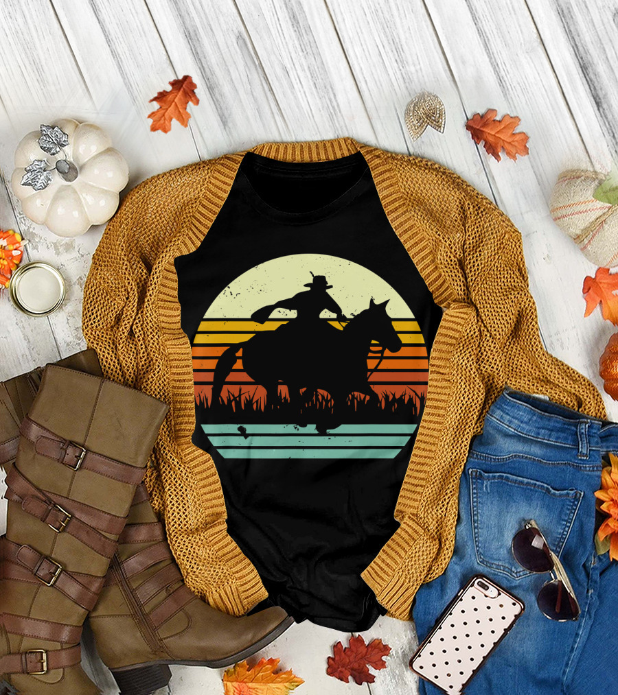 Retro Barrel Racing Galloping Horse Sunset T-Shirt
